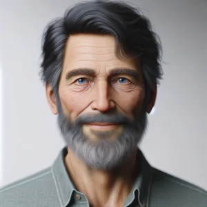 DALL·E 2025-03-02 18.59.25 - A realistic portrait of an elderly man with black hair, blue eyes, and a full beard. He is wearing a casual button-up shirt and has a warm, cheerful e